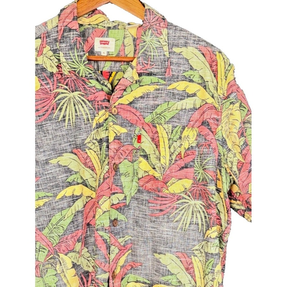 Levi's Hawaiian Shirt XL Gray Pink Palm Leaf Slub Cotton Aloha Camp